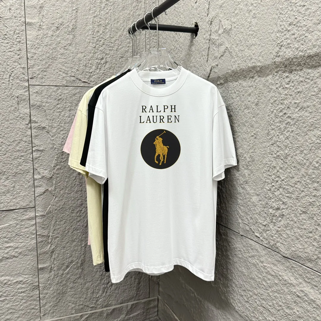 🅿️180 Polo* Ralph Lauren 2025 spring and summer new style Classic letter pony print custom double yarn plain cotton fabric short-sleeved T-shirt for men and women Color: black white Size: S (90-130 pounds) M (120-150 pounds) L (140-165 pounds) XL (160-180 pounds) XXL (180-210 pounds)